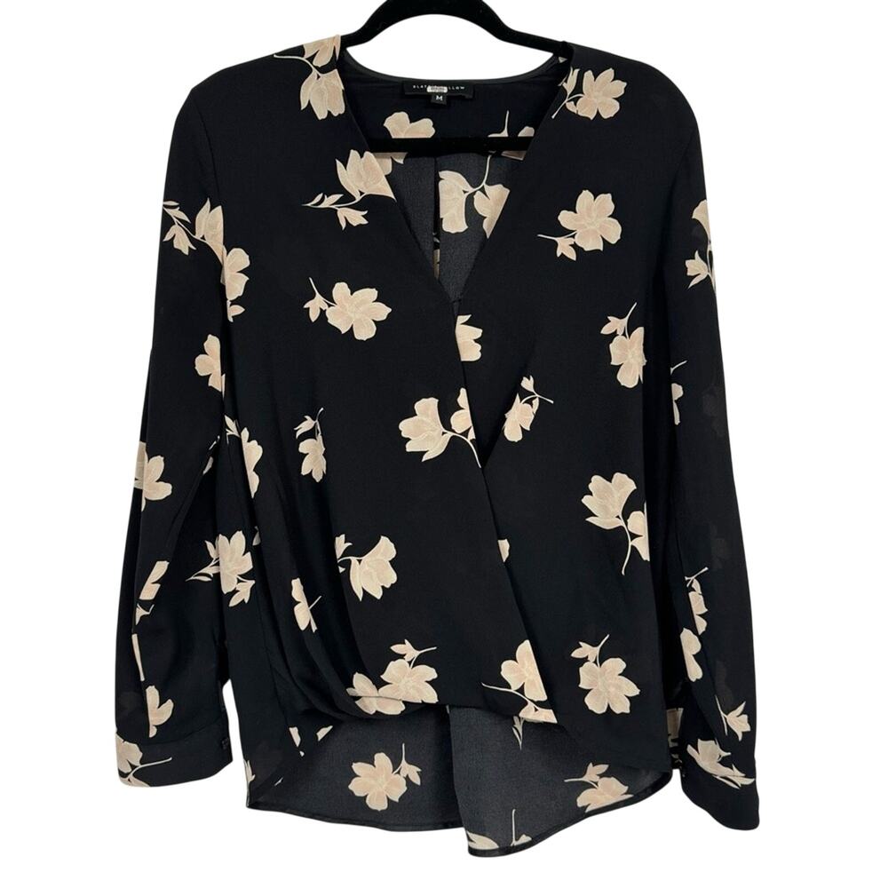Slate & Willow Black Large Floral Print Womens Blouse M Twist Hem Long Sleeve